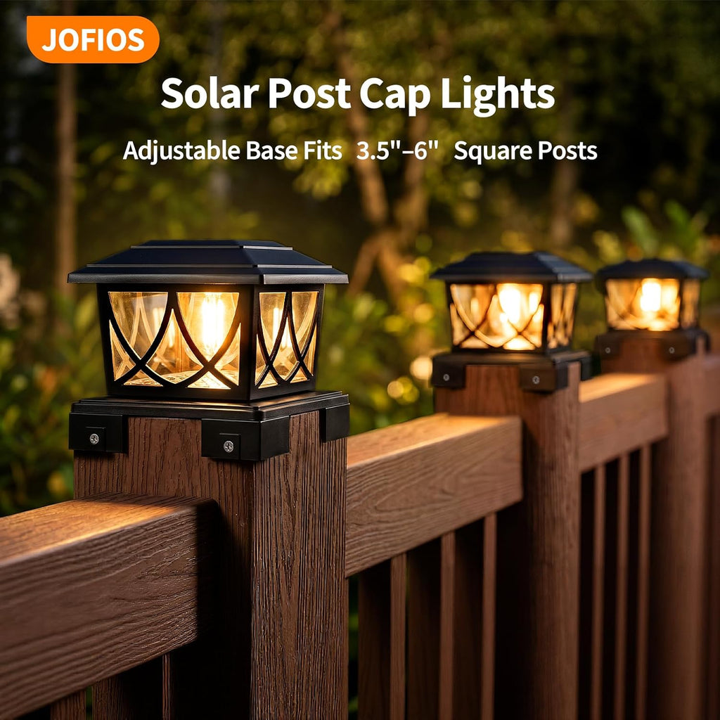JOFIOS Solar Post Lights Outdoor 8pack, Adjustable Base Fits 3.5"–6" Square Posts, 3CCT and 2 Brightness Modes, Dusk to Dawn LED Edison Bulb Solar Fence Post Cap Lights IP65 Waterproof (Black)