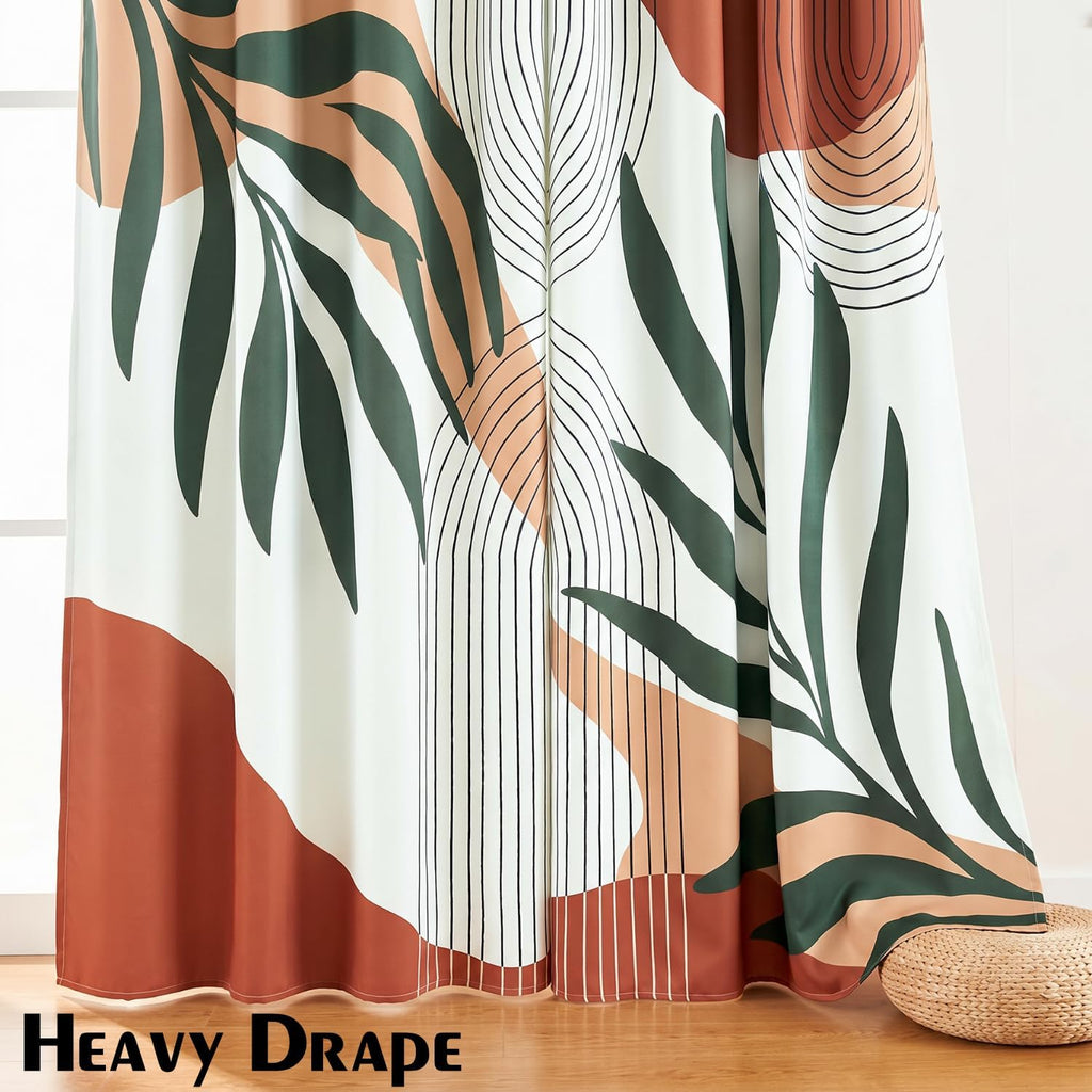 Mid Century Modern Boho Blackout Curtains, Leaf Print Drapes, 2 Panels