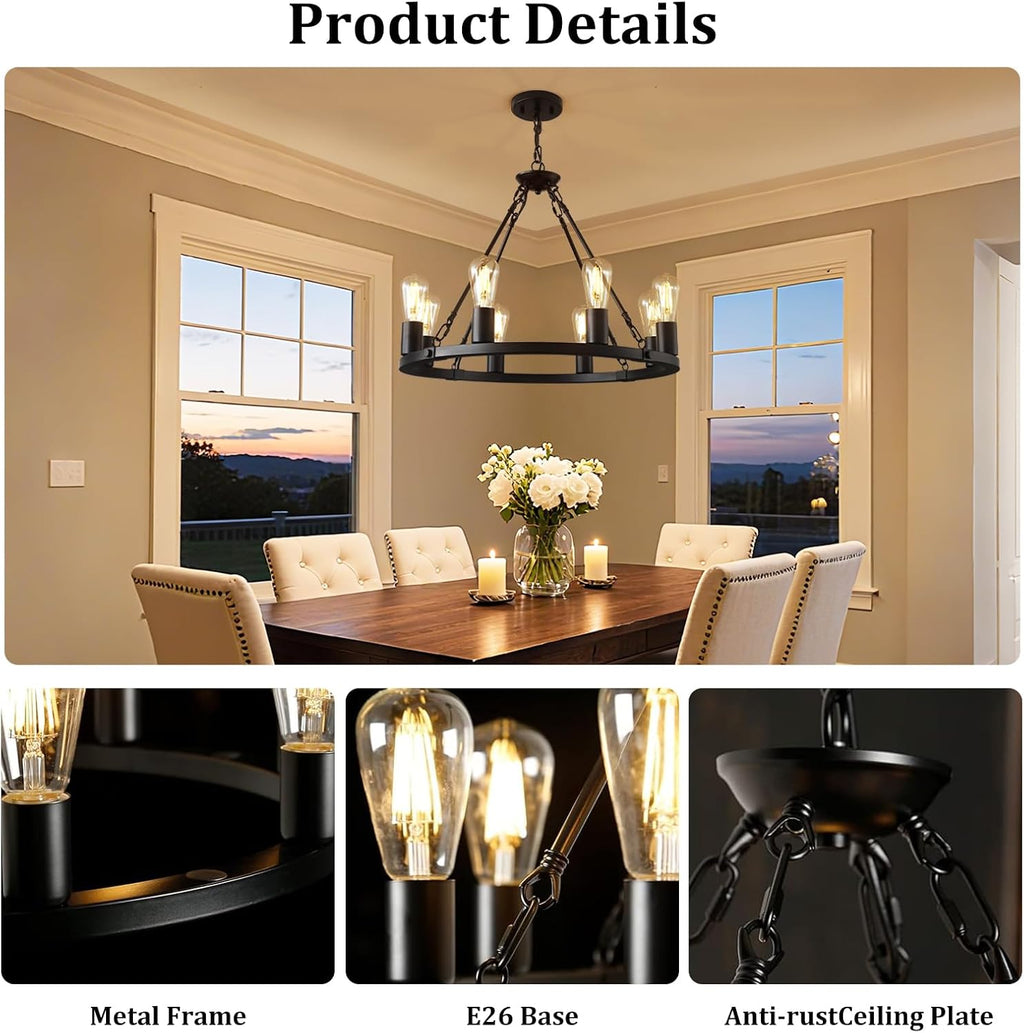 Wagon Wheel Chandelier 8-Light Black Dining Room Light Fixture