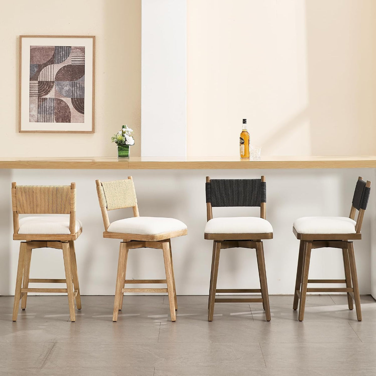 Swivel Counter Stools Set of 4, Linen Fabric Upholstered Kitchen Stool Chairs with Woven Rope Back and Solid Wood Legs, Rustic Armless Barstools 26" for Patio/Balcony, Black Rope