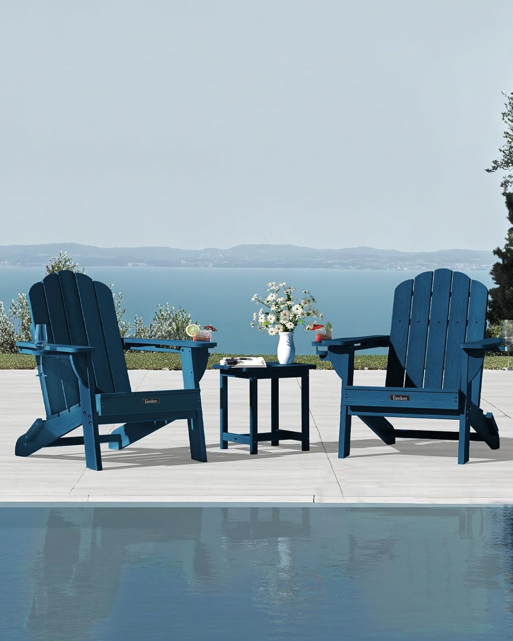 Folding Adirondack Chair, All-Weather HDPE Patio Chair with 2 Cup Holders