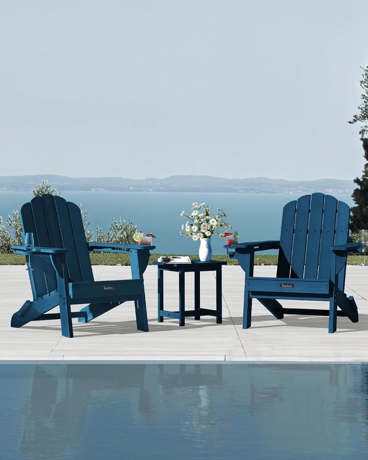 Folding Adirondack Chair, All-Weather HDPE Patio Chair with 2 Cup Holders