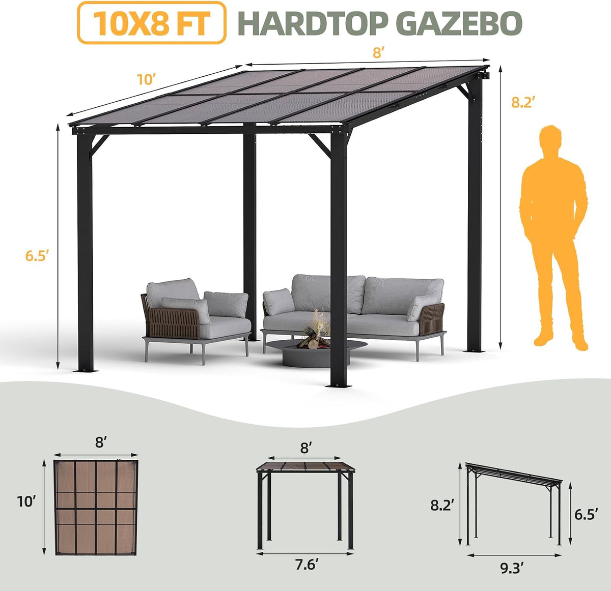 10 x 8' Wall‑Mounted Patio Pergola Gazebo w/Sloped Roof Hardtop