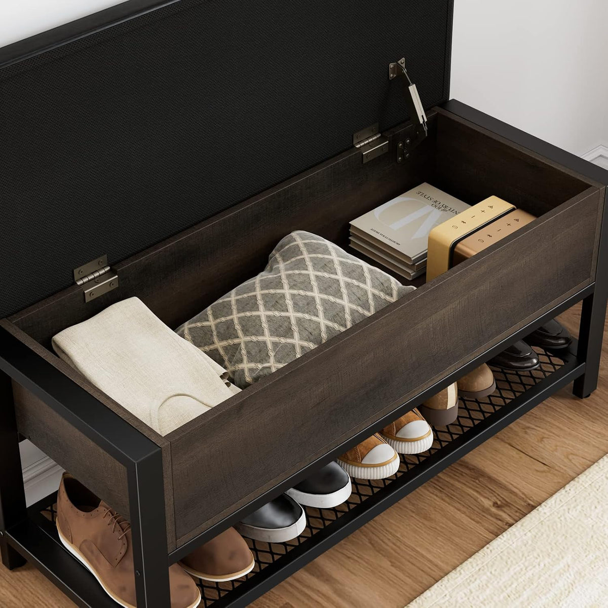 HOSTACK 40" W Storage Bench, Entryway Shoe Bench with Cushion, Dark Brown