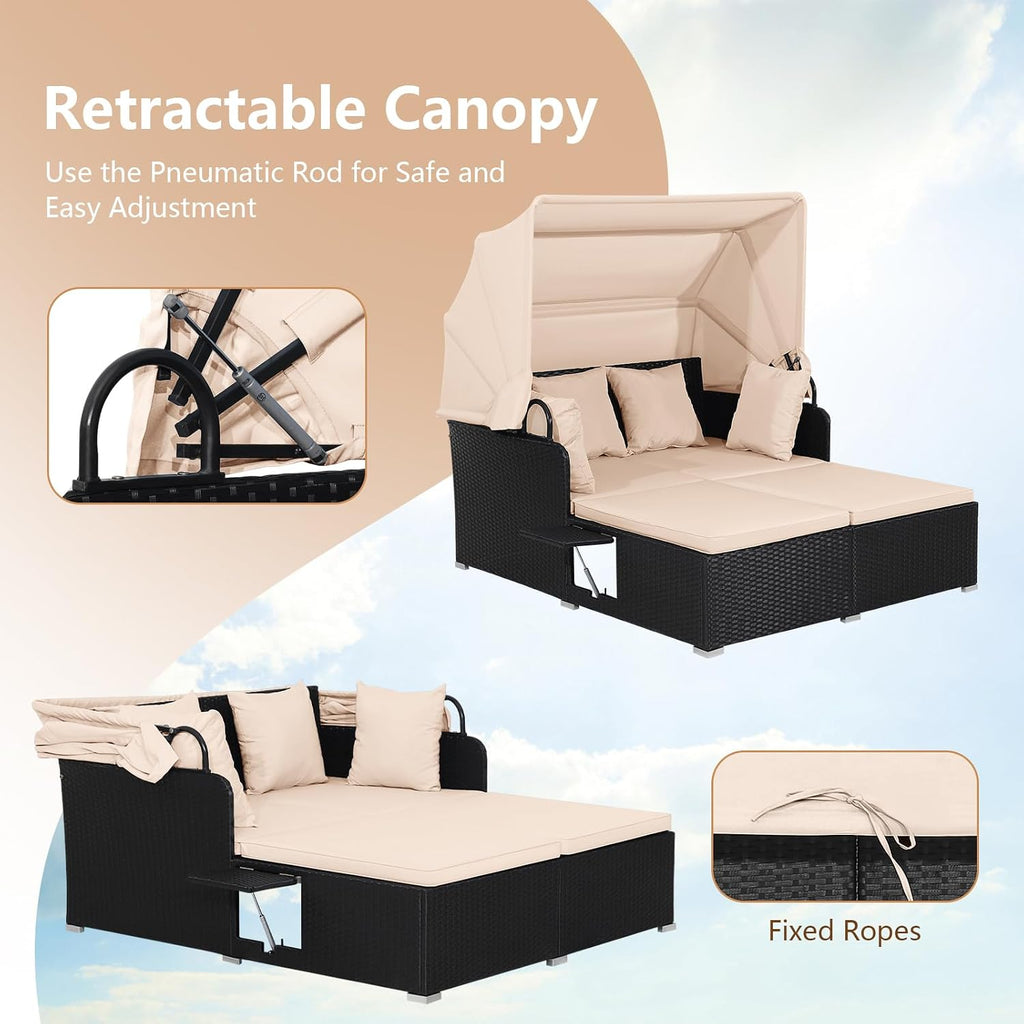 HAPPYGRILL Outdoor Wicker Lounge Daybed, Hand-Woven PE Rattan Daybed, Patio Loveseat Sofa Set with Retractable Canopy & 2 Side Tables, Outdoor Sun Lounger with Soft Cushions (Beige)