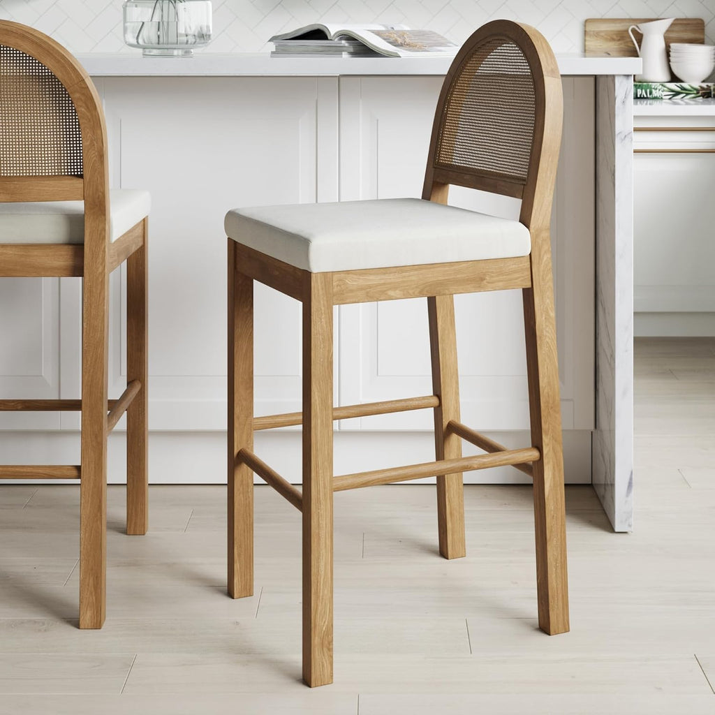 Nathan James Bailey 29 in. Boucle Bar Stool with Back, Bar Height Chair with Natural Woven Rattan Back and Solid Wood Legs, Light Brown