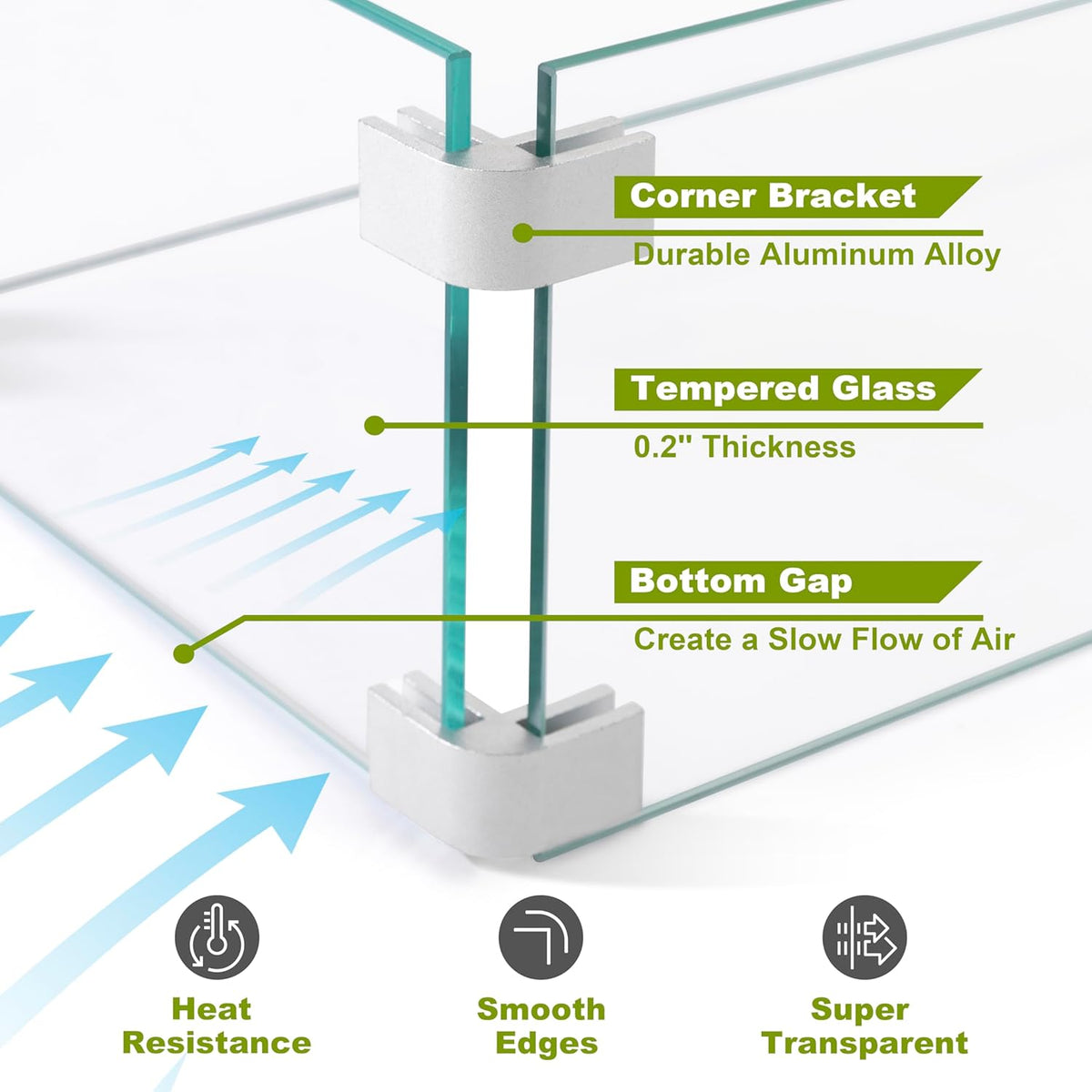 Nuu Garden Tempered Glass Wind Guard for Rectangular Fire Pit Table 29 x 10 x 6 Inch Durable Transparent Flame Shield with Aluminum Alloy Brackets