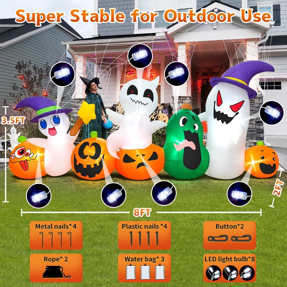8 FT Halloween Inflatables Blow up Outdoor Decoration, Inflatable Ghost with Pumpkin Led Light Inflatables Outdoor Decor Blow up Inflatables for Holiday Party Lawn Yard Garden Décor