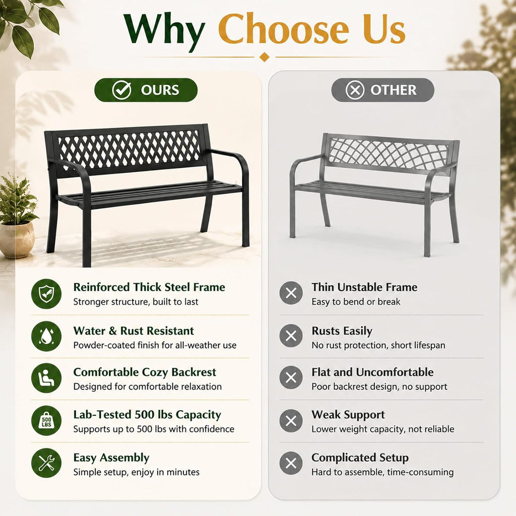 47" Outdoor Garden Bench, Metal Patio Bench with Backrest, Black