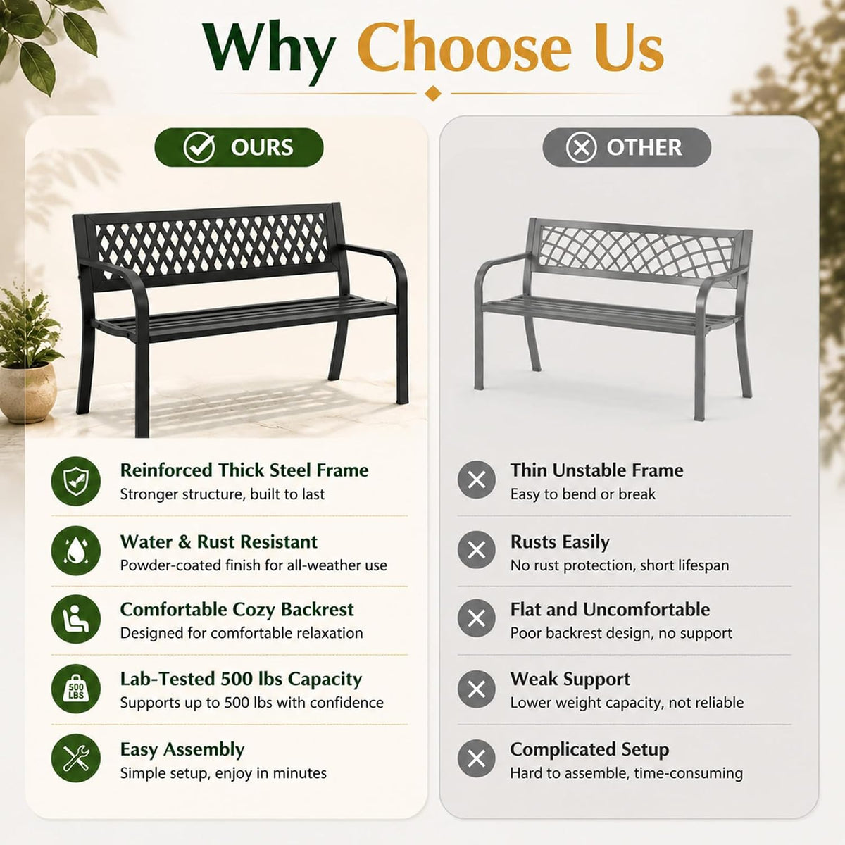 47" Outdoor Garden Bench, Metal Patio Bench with Backrest, Black