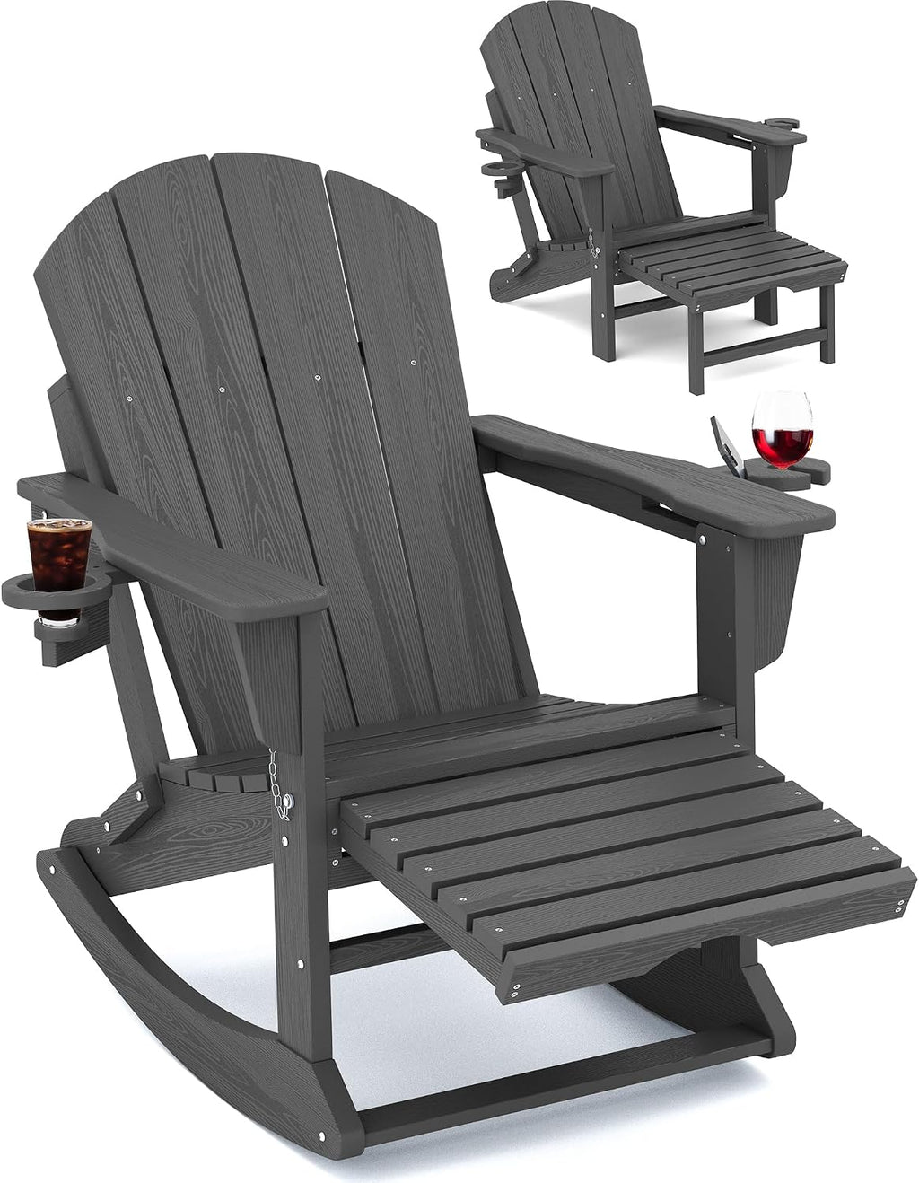 KINGYES Adirondack Rocking Chair with Ottoman and Cup Holders