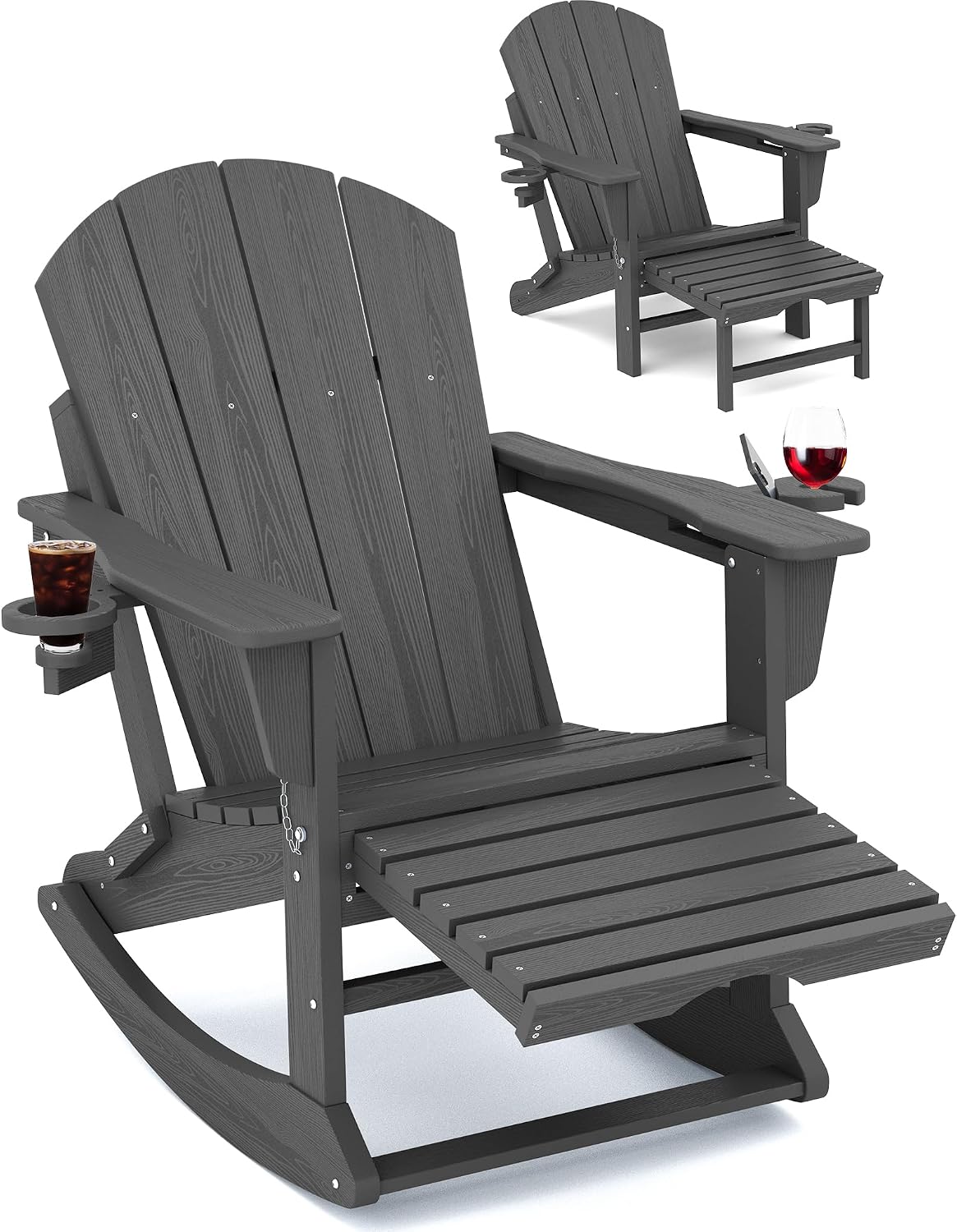 KINGYES Adirondack Rocking Chair with Ottoman and Cup Holders