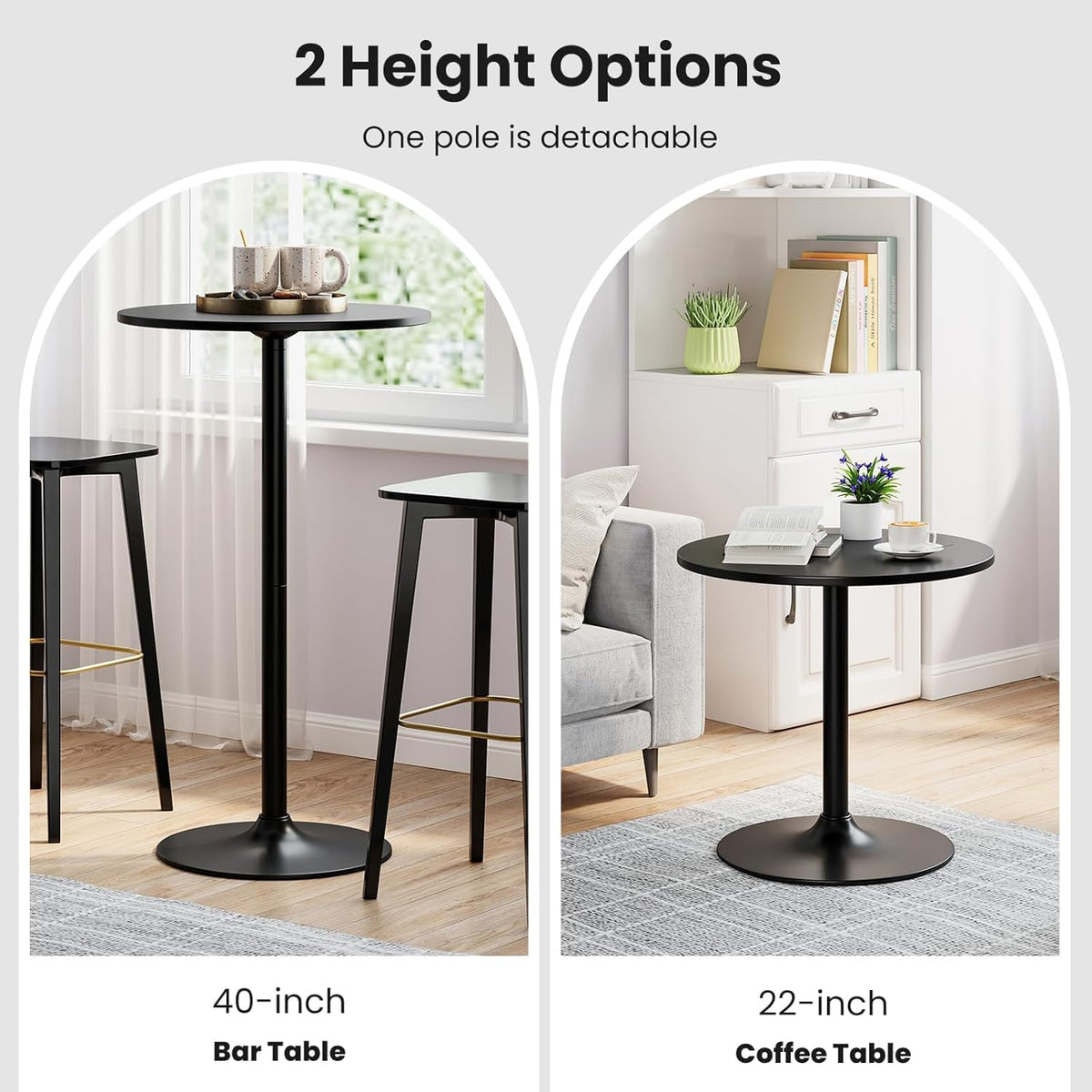 ERGOMASTER Cocktail Table,Two-in-one Modern Style Standing Circular Bar Table 40"/22" Two Convertible Height Suitable for Dining Room, Restaurant, Kitchen (6, Black)
