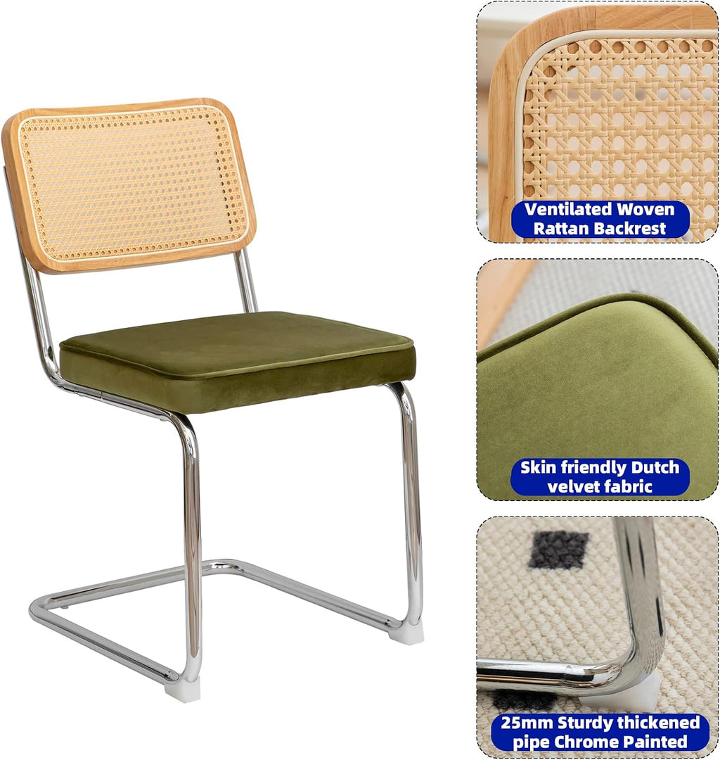 MFFM Rattan Dining Chairs Set of 2, Green Velvet Dining Room Chair with Solid Back and Chrome Legs, Modern Mid Century Designed Chairs for Dining,Living Room,Kitchen Chairs (Olive Green-2pcs)