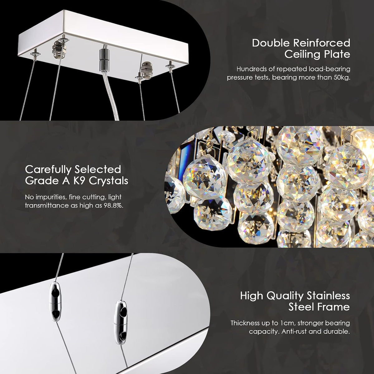 siljoy 8 lights modern crystal chandeliers, rectangular k9, side view