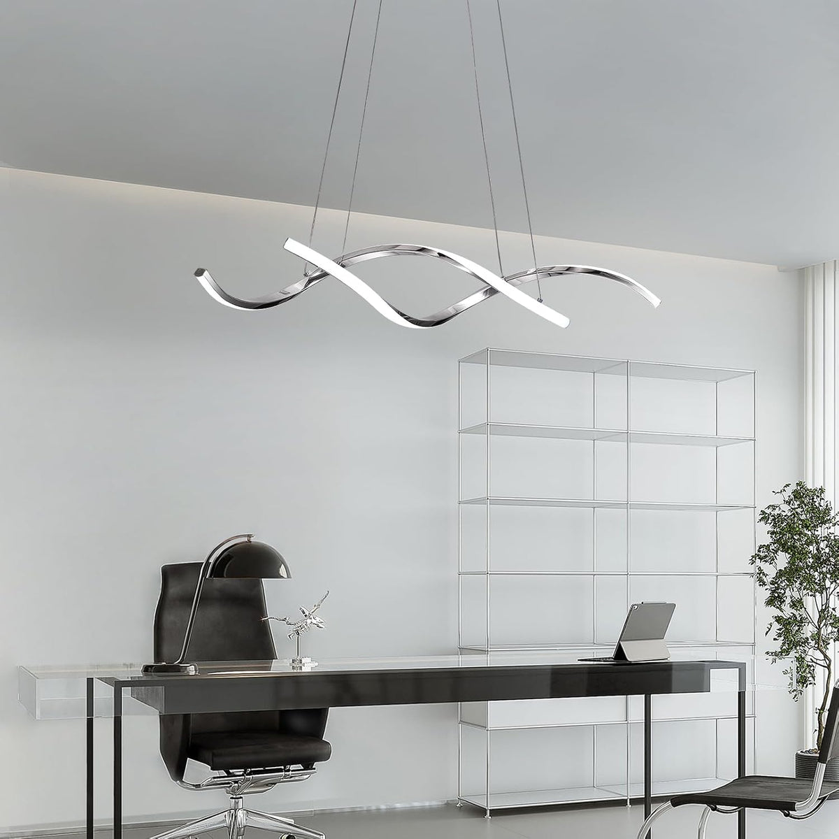 NOXARTE Modern LED Chandelier Dimmable Hanging Ceiling Light, Silver Pendant Light Fixture with Remote Control for Dining Room Kitchen Island Office Over Table 35.4 Inch