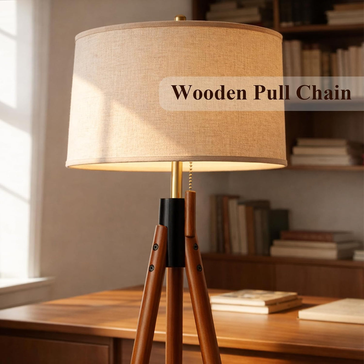 MOFFE Mid Century Tripod Floor Lamp with Pull Chain,Black & Gold Finish