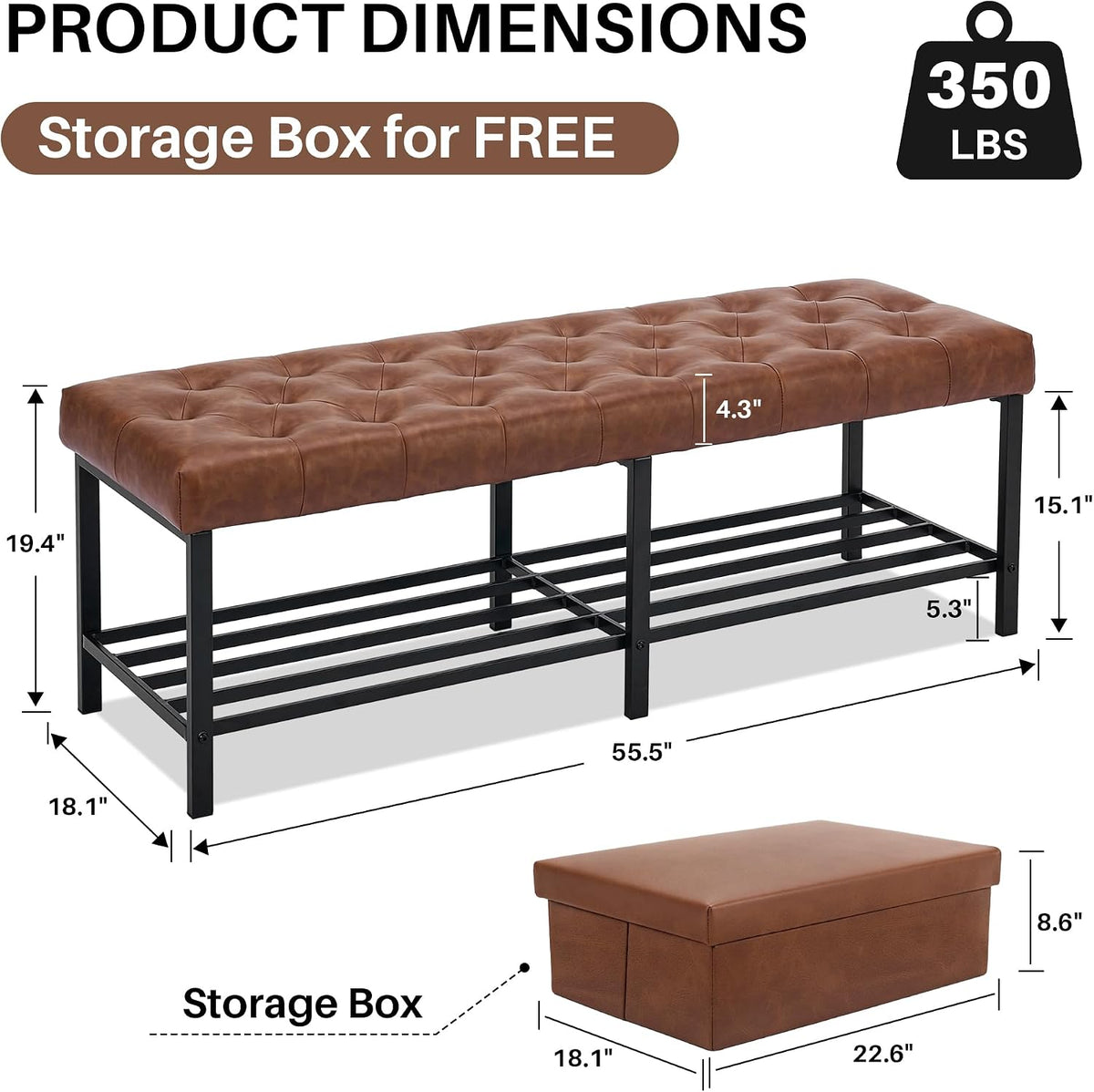 SOFTHION 55.5" End of Bed Bench, Faux Leather Entryway Bench, Brown