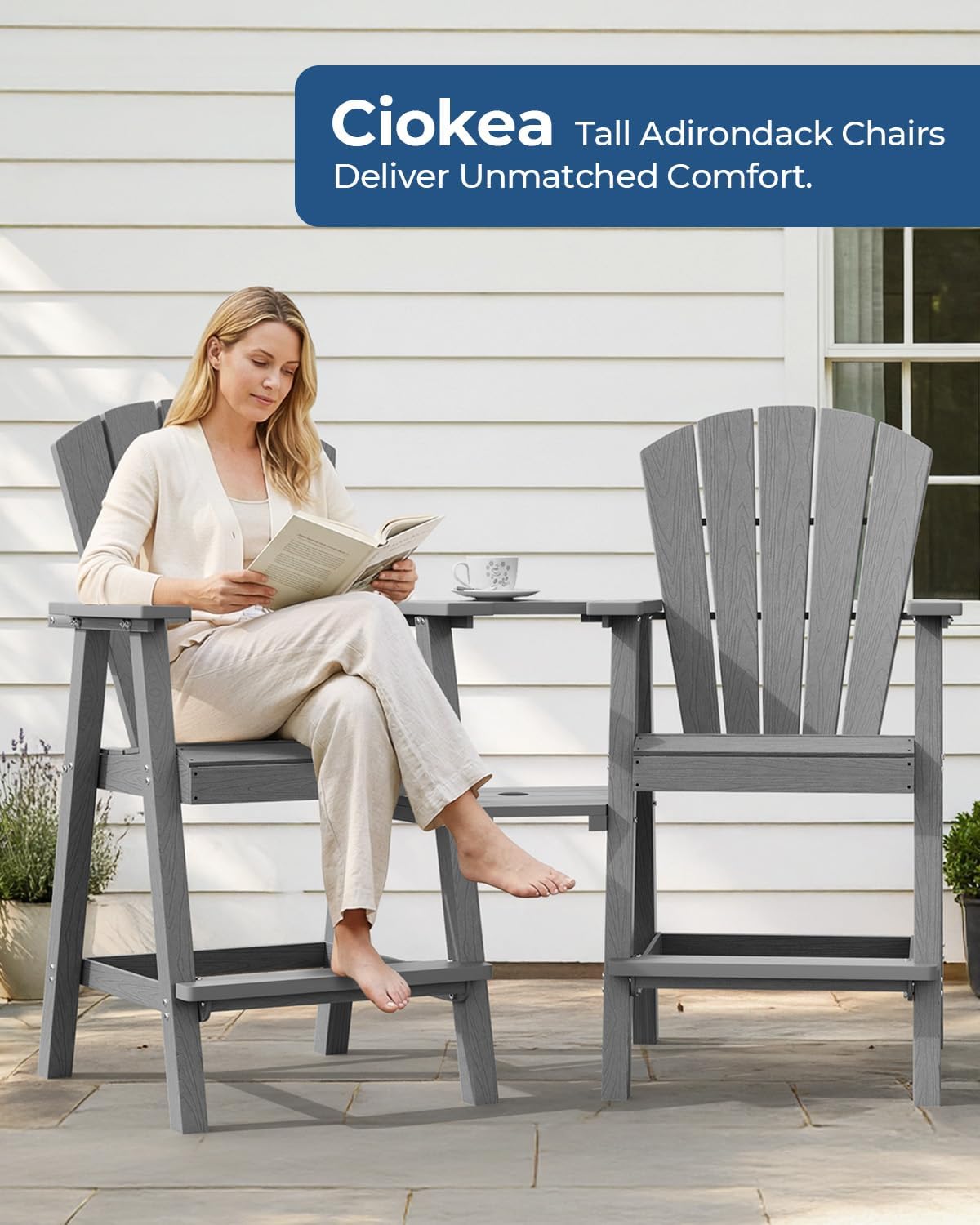 Ciokea Tall Adirondack Chairs Set of 2 with Connecting Trays, Gray