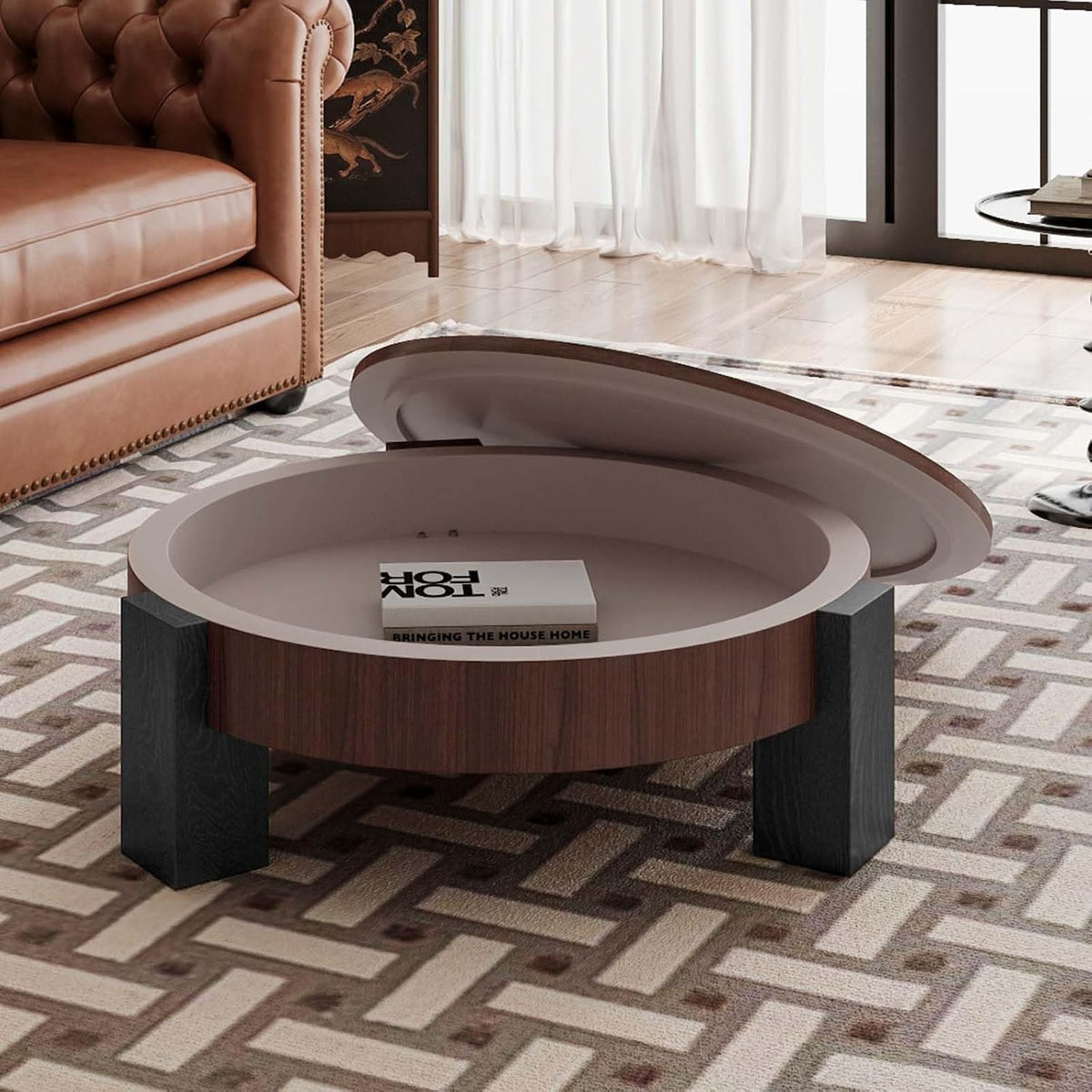 Round Coffee Table with Hidden Storage & 3 Block Legs