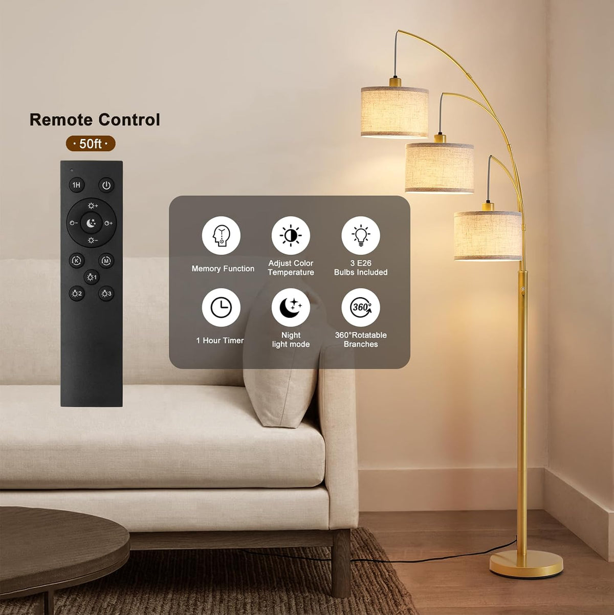 Dimmable Floor Lamp with Remote, Beige Shade Gold Pole