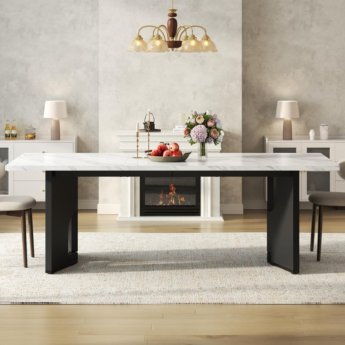86.6" Modern Dining Table for 6-10 People,Long Kitchen Tables with Wooden Black V Shaped Frame Legs,Rectangular Dinner Table with Imitation Marble Tabletop for Kitchen, Dining Room（Only Table