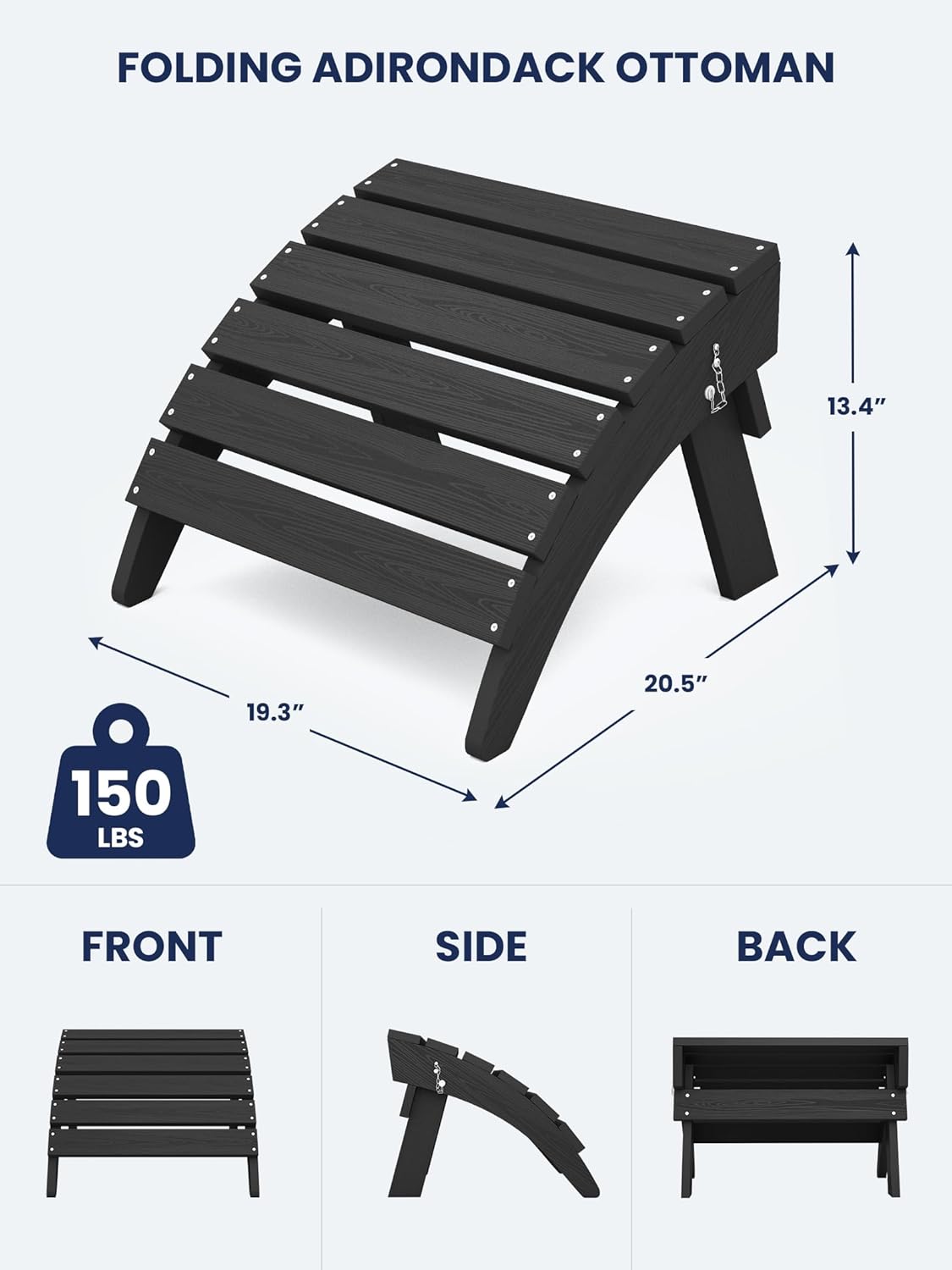 KINGYES Folding Adirondack Ottomans Set of 2 for Adirondack Chair, Black