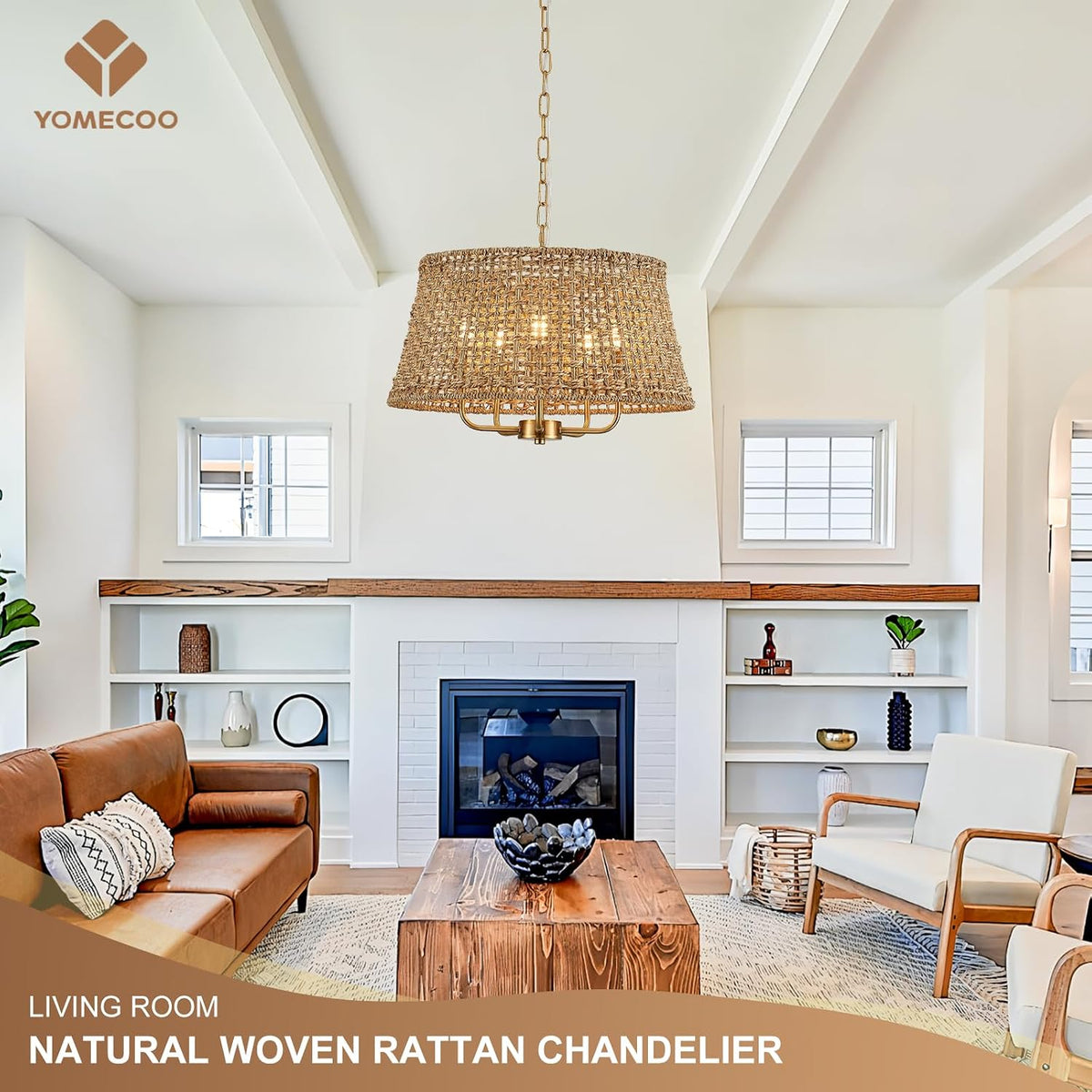 19.7" Boho Rattan Chandelier, 5-Light Gold Wicker Light Fixture