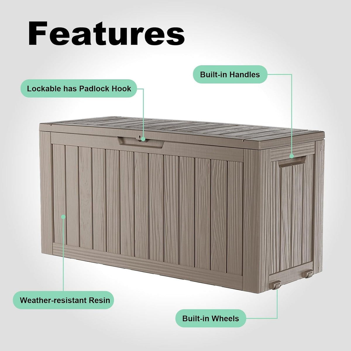 PatioZen 75 Gallon Outdoor Deck Box,Waterproof Resin Outdoor Storage Boxes, Outside Storage Lockable Container for Garden Tools,Indooor Cushions,Accessories (Grey)