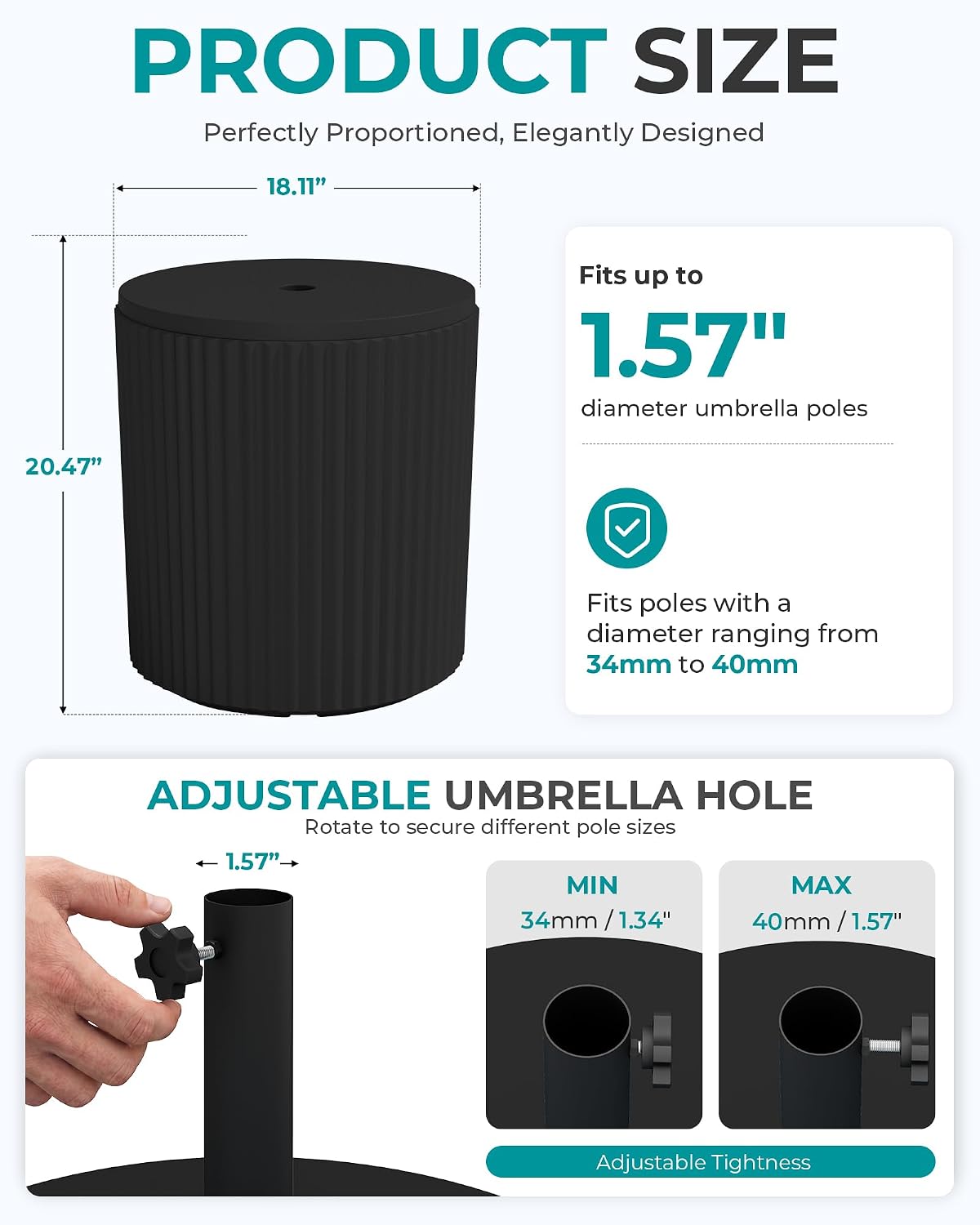 SERWALL Outdoor Round Umbrella Side Table,3-in-1 Multi-Functional Use,Black