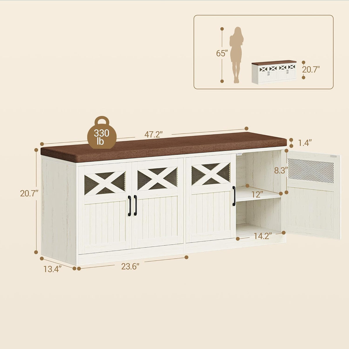 Hzuaneri 47.2" Shoe Storage Bench with 4 Barn Doors & Padded Seat Cushion