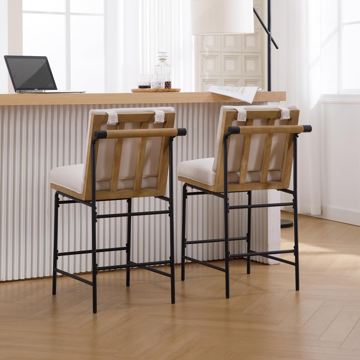 DUOMAY Mid Century Linen 26" Seat Height Counter Stools Set of 2, Beige