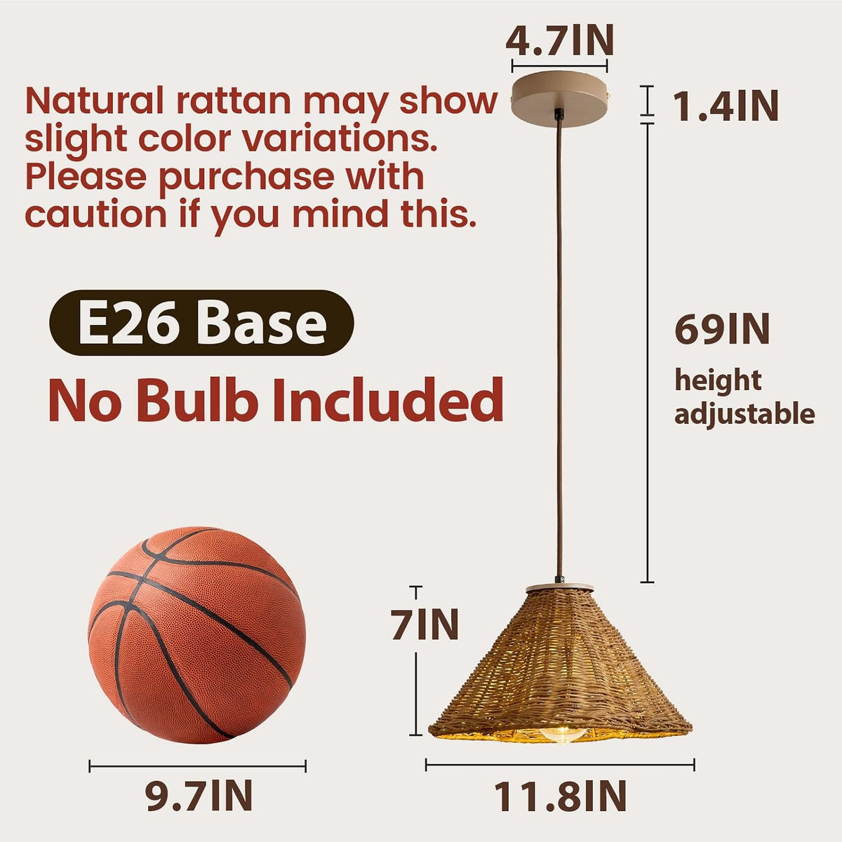 boho rattan pendant light, 11.8" hand woven hanging, side view