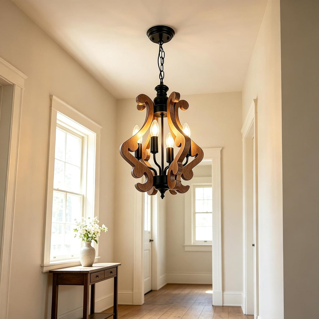 4‑light farmhouse chandelier, adjustable chain lantern pendant light, side view