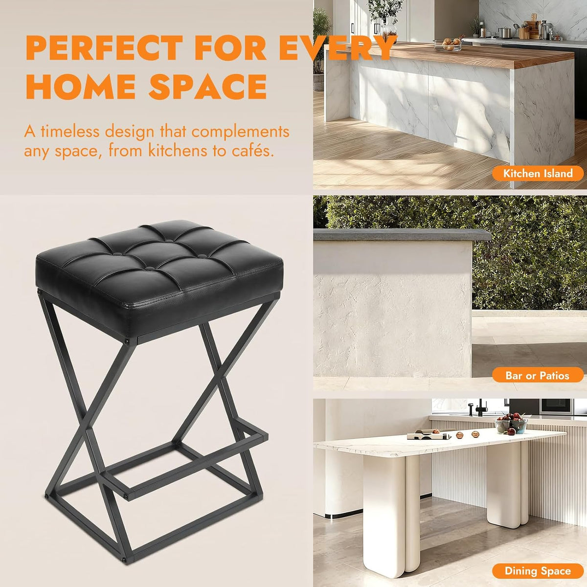 Bar Stools Set of 2, 26 Inch Counter Height Stool Faux Leather Black