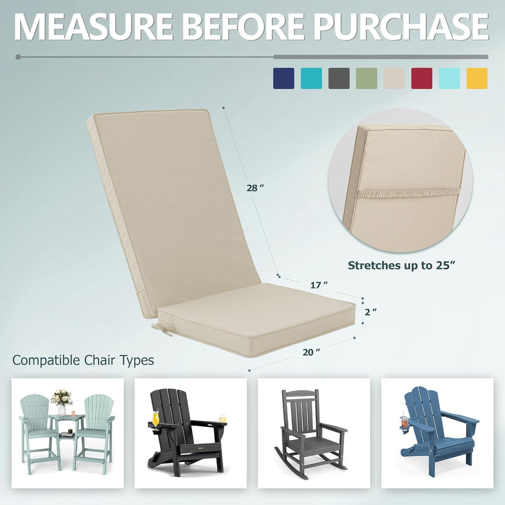 Outdoor Adirondack Chair Cushion - Removable Cover, Water-Repellent, Fade-Resistant, Non-Slip Bottom & Securing Straps, Universal Fit for Most Adirondack & Rocking Chairs - Cream