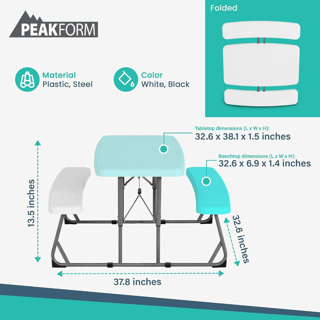 Peakform 37.8 Inch Rectangular Folding Picnic Table, Multipurpose Indoor Outdoor Durable Furniture with Double Bench Seating, White/Black