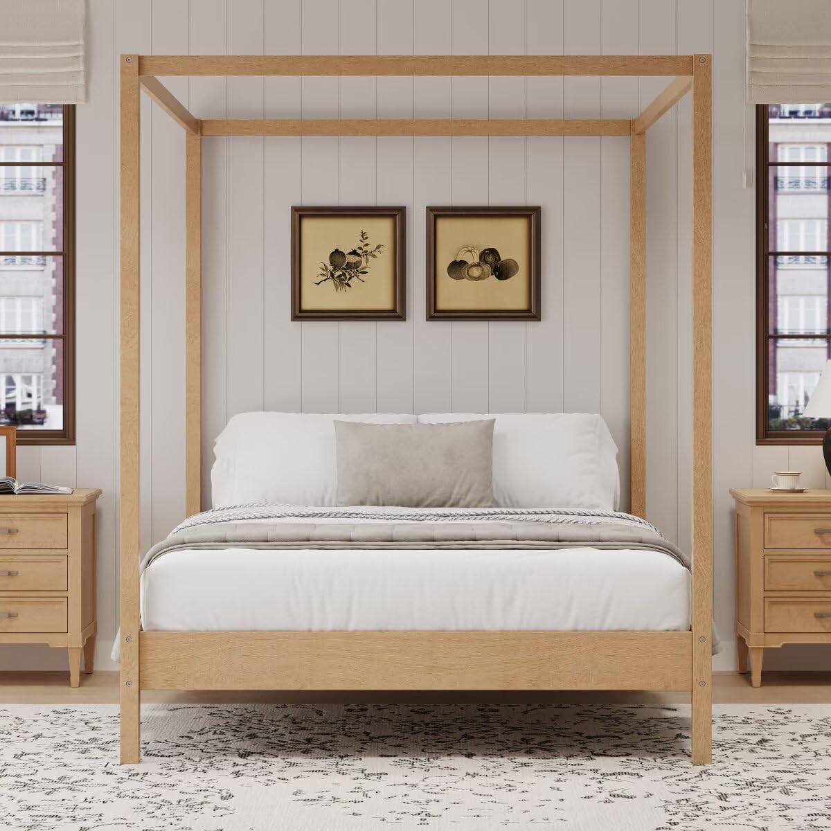 JIJIWANG King Size Solid Wood Canopy Bed, Natural