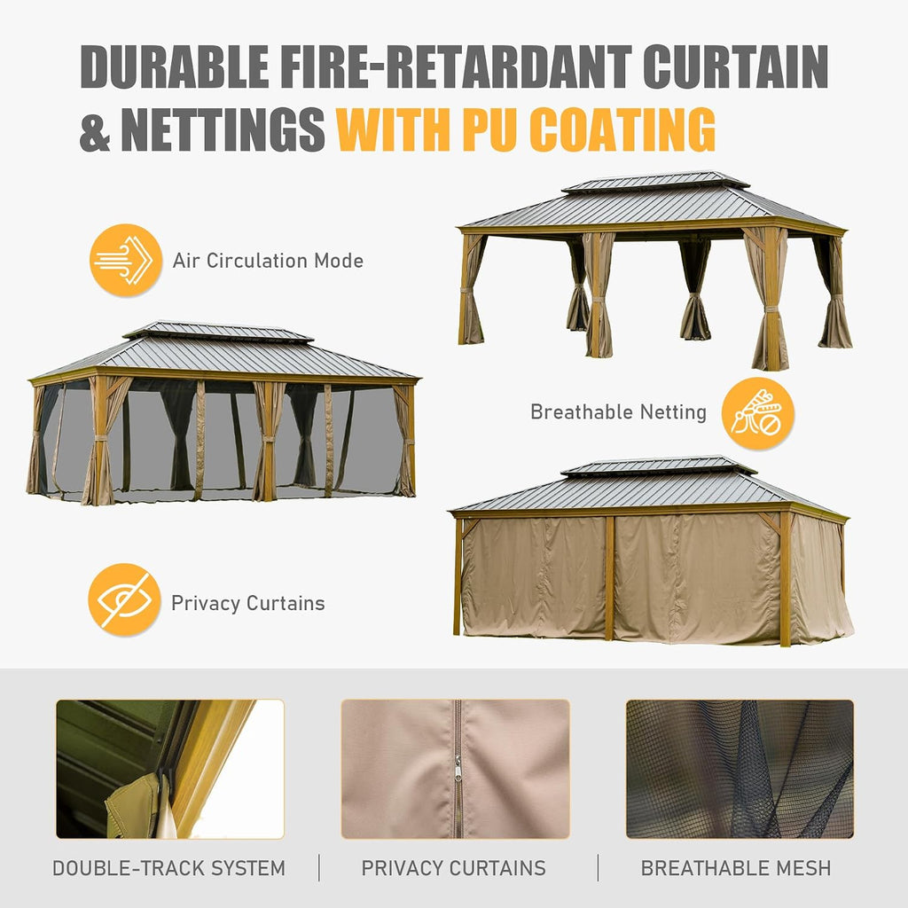 Domi 14x20 Hardtop Gazebo Aluminum Frame, for Outdoor Patios, Wood Looking