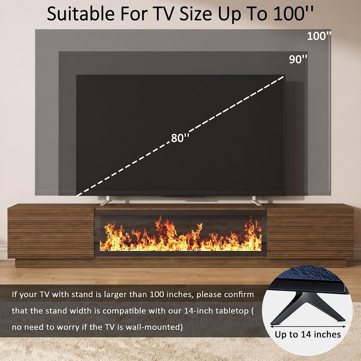 94.5" Fireplace TV Stand, Fluted TV Stands for Living Room, Walnut