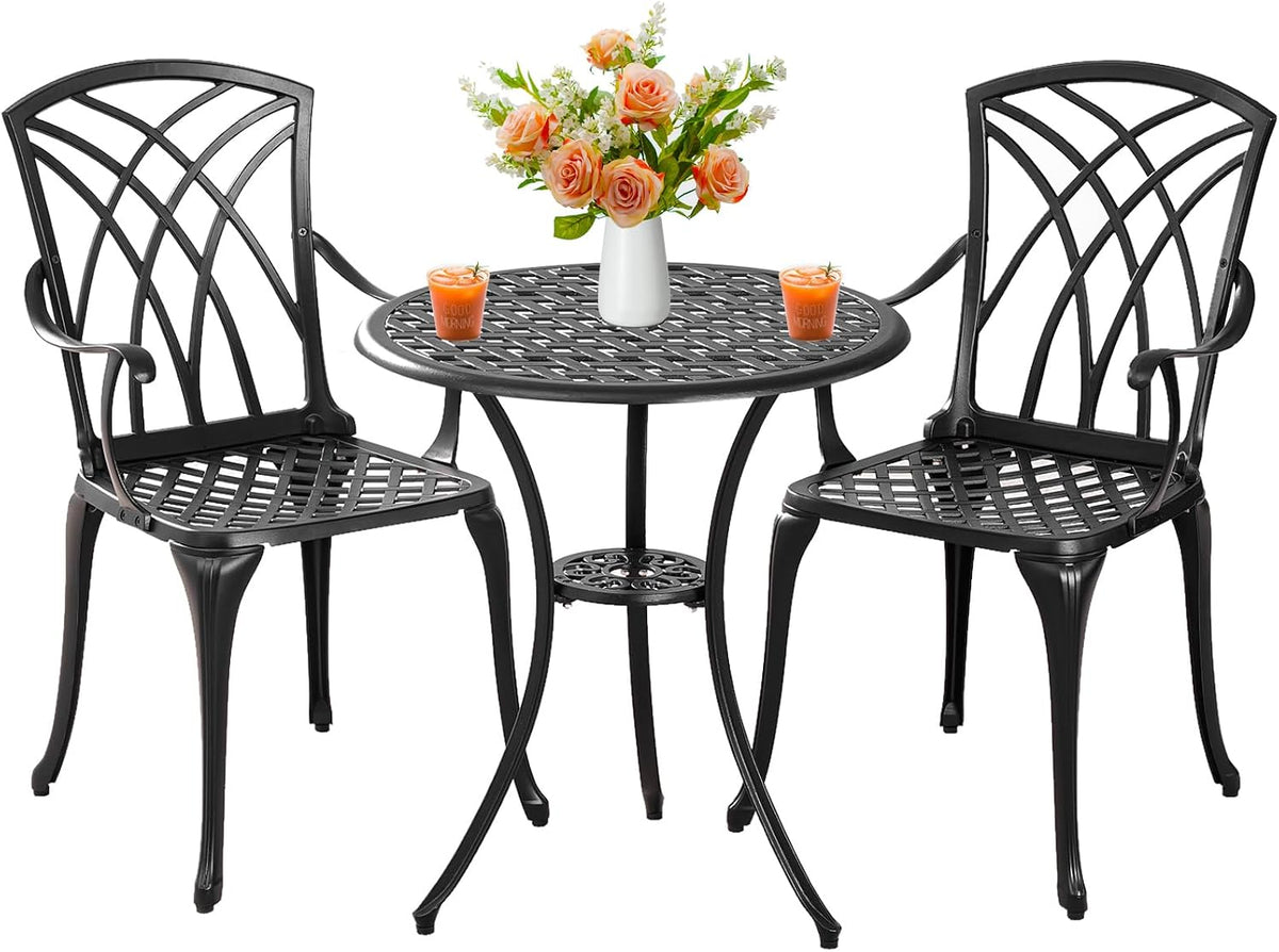 Outdoor 3 Piece Bistro Set Cast Aluminum Bistro Table and Chairs Set of 2, All Weather Bistro Patio Set, Patio Furniture for Garden Black