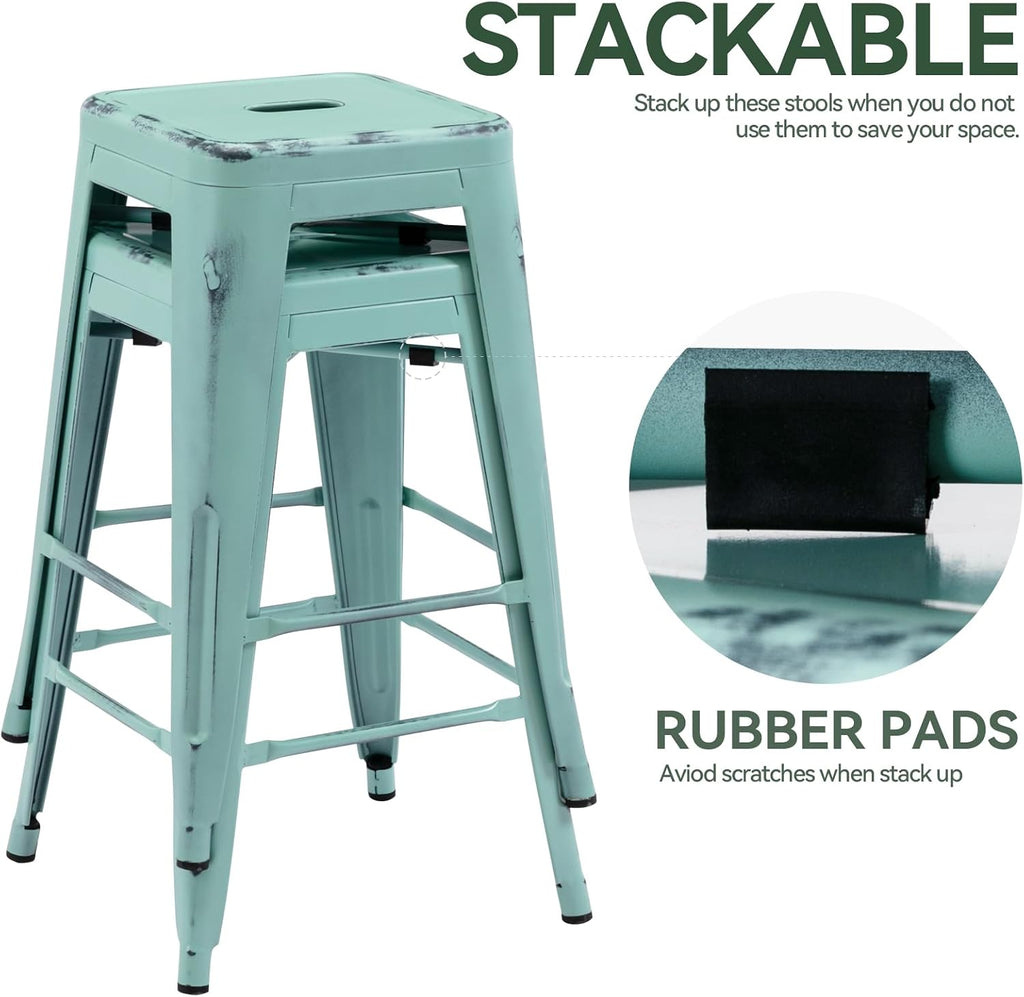 24 Inch Metal Bar Stools Set of 2, Stackable for Indoor Outdoor, Mint Green
