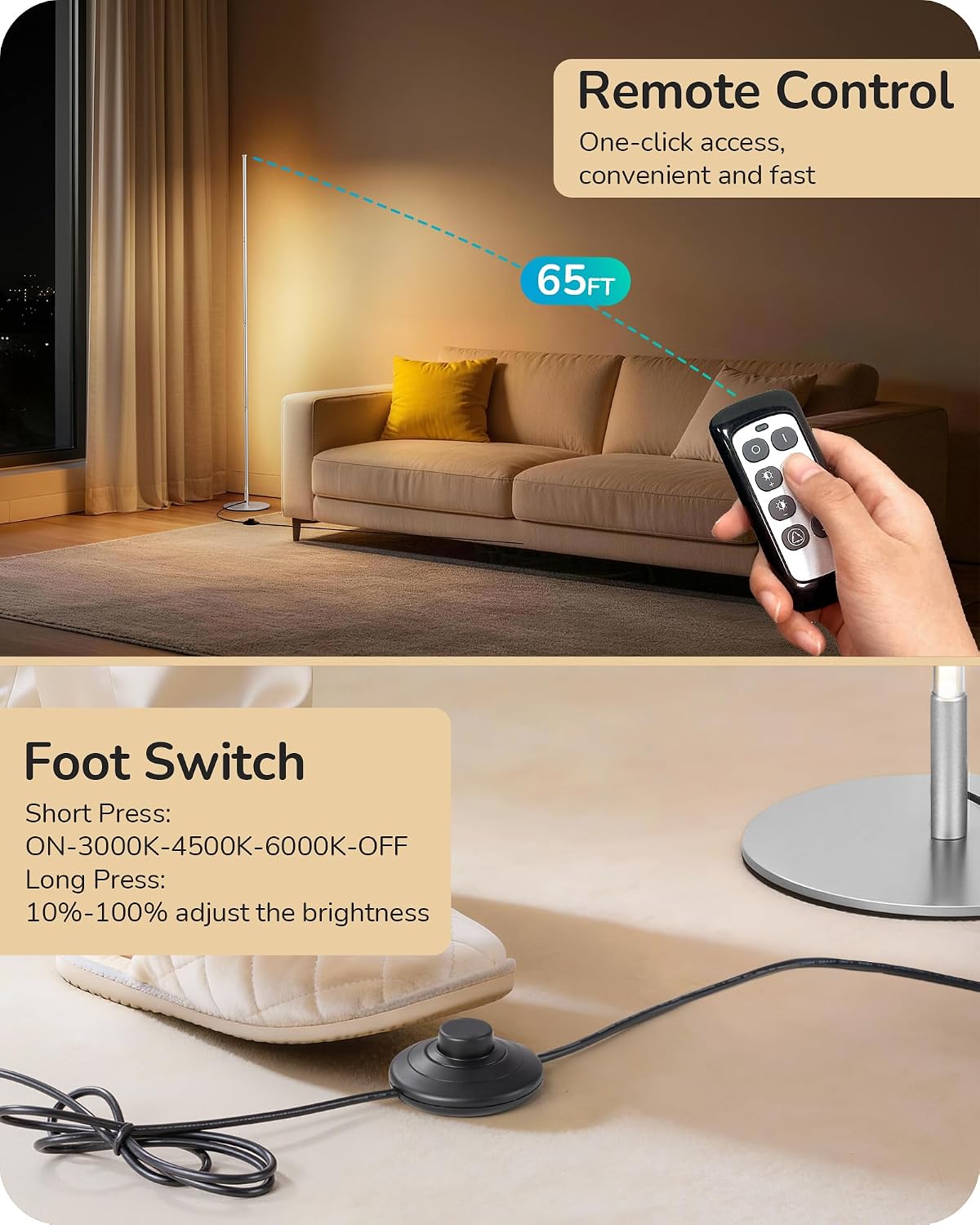 EDISHINE 59.8" Corner Lamp with Remote & 3 Height Settings, Dimmable & 3CCT