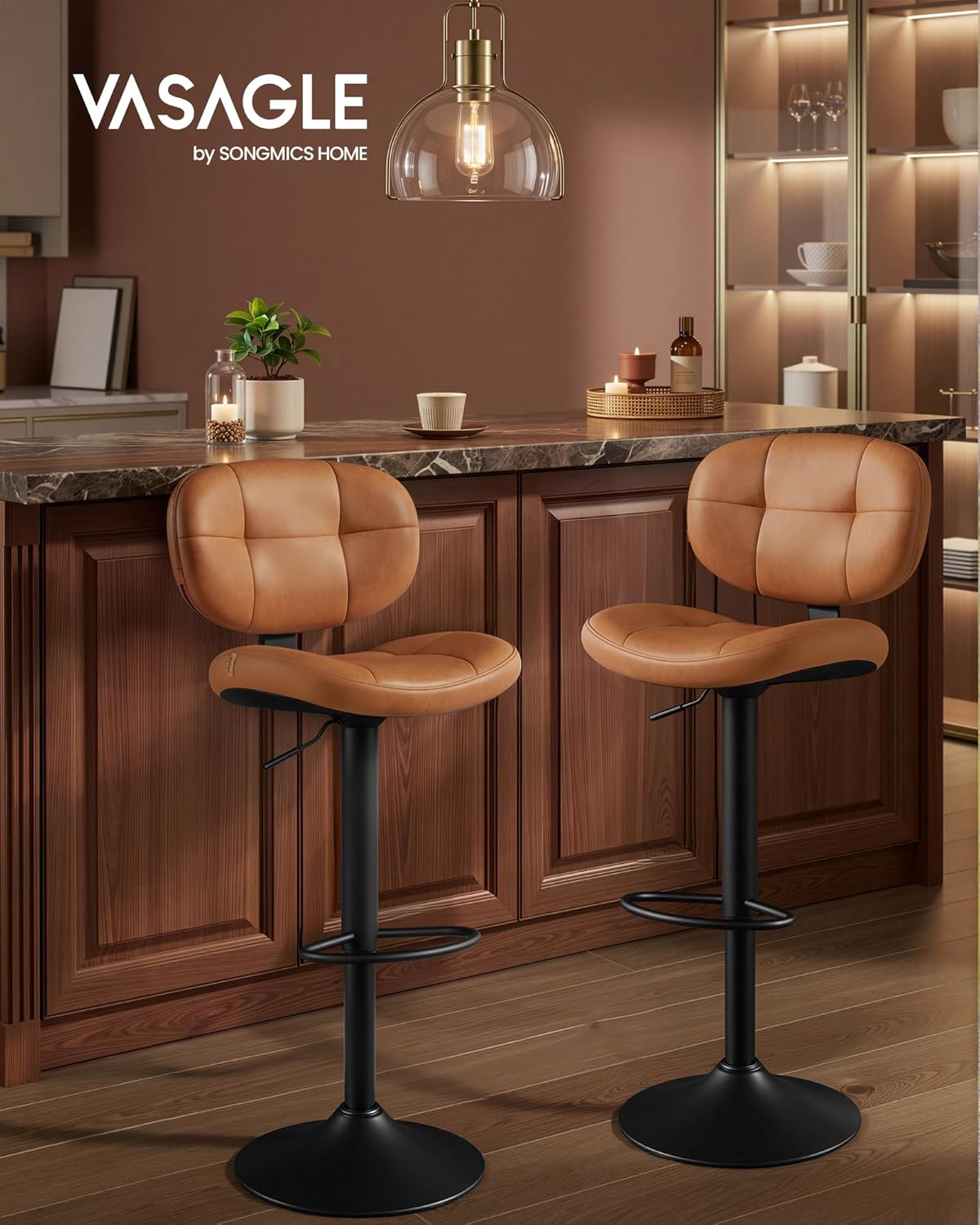 VASAGLE Bar Stools Set of 2, Height Adjustable Swivel Chairs, PU Leather