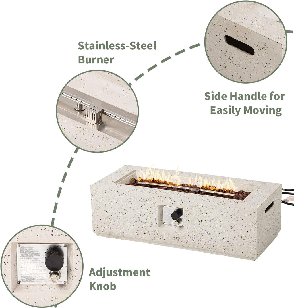 COSIEST Outdoor Fire Pit Coffee Table, 42-inch x 13-inch Terrazzo Rectangle Base Patio Heater w Certified, 50,000 BTU Stainless Steel Burner, Free Lava Rocks and Rain Cover