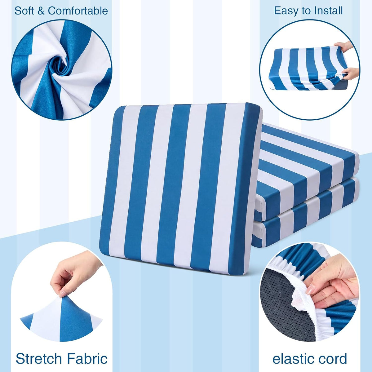 Newwiee 12 Pc Patio Stretch Cushion Covers,Blue White,Stripes