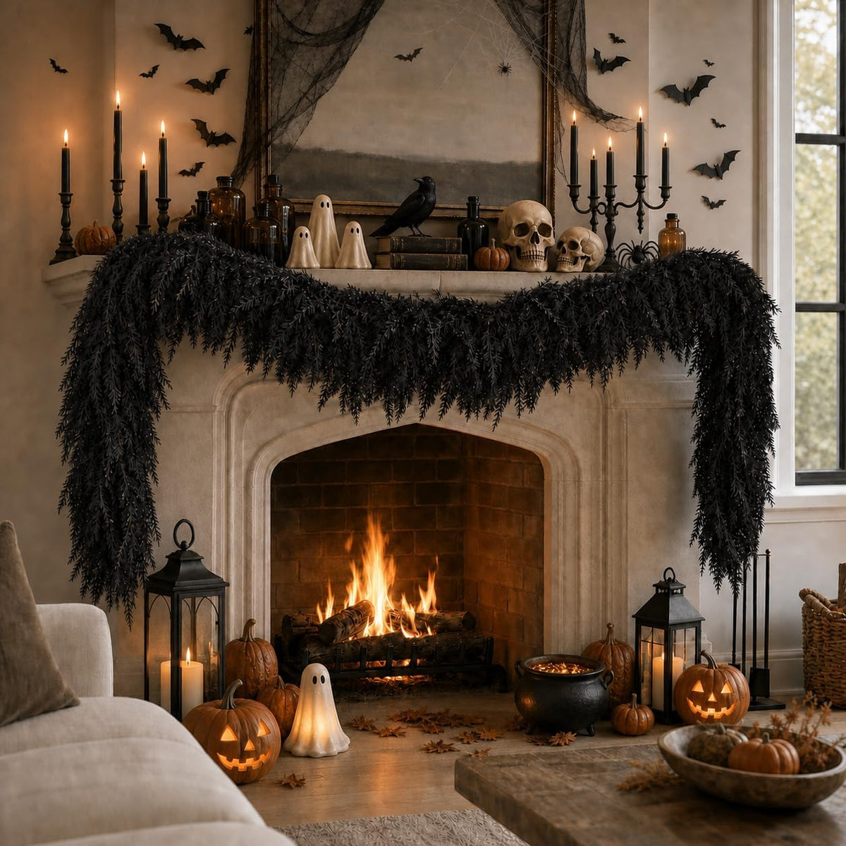 Black Halloween Mantle Garland Decor Gothic Garlands for Decorations 6Ft Fireplace Indoor Home Fall Decoration