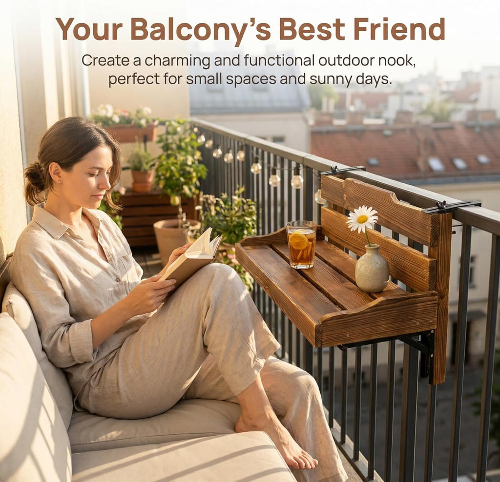 Folding Balcony Railing Table, Solid Wood Balcony Hanging Table, Railing Plant Holder, Balcony Bar Table Furniture for Apartment, Patio, Deck