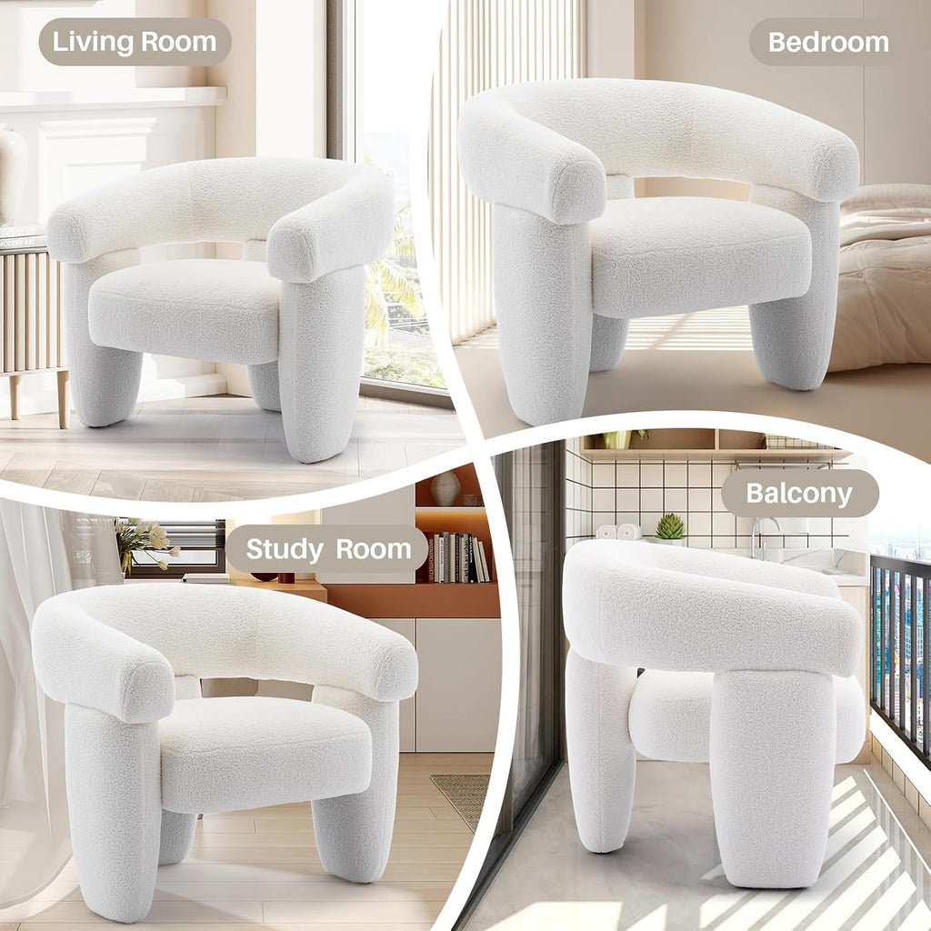 Boucle Barrel Accent Chair Modern Teddy Round Armchair, Cream White