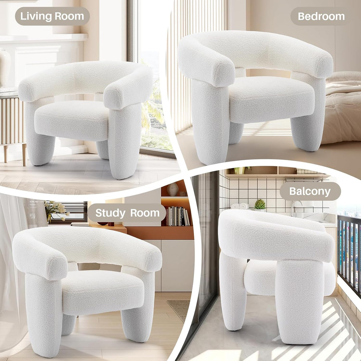 Boucle Barrel Accent Chair Modern Teddy Round Armchair, Cream White